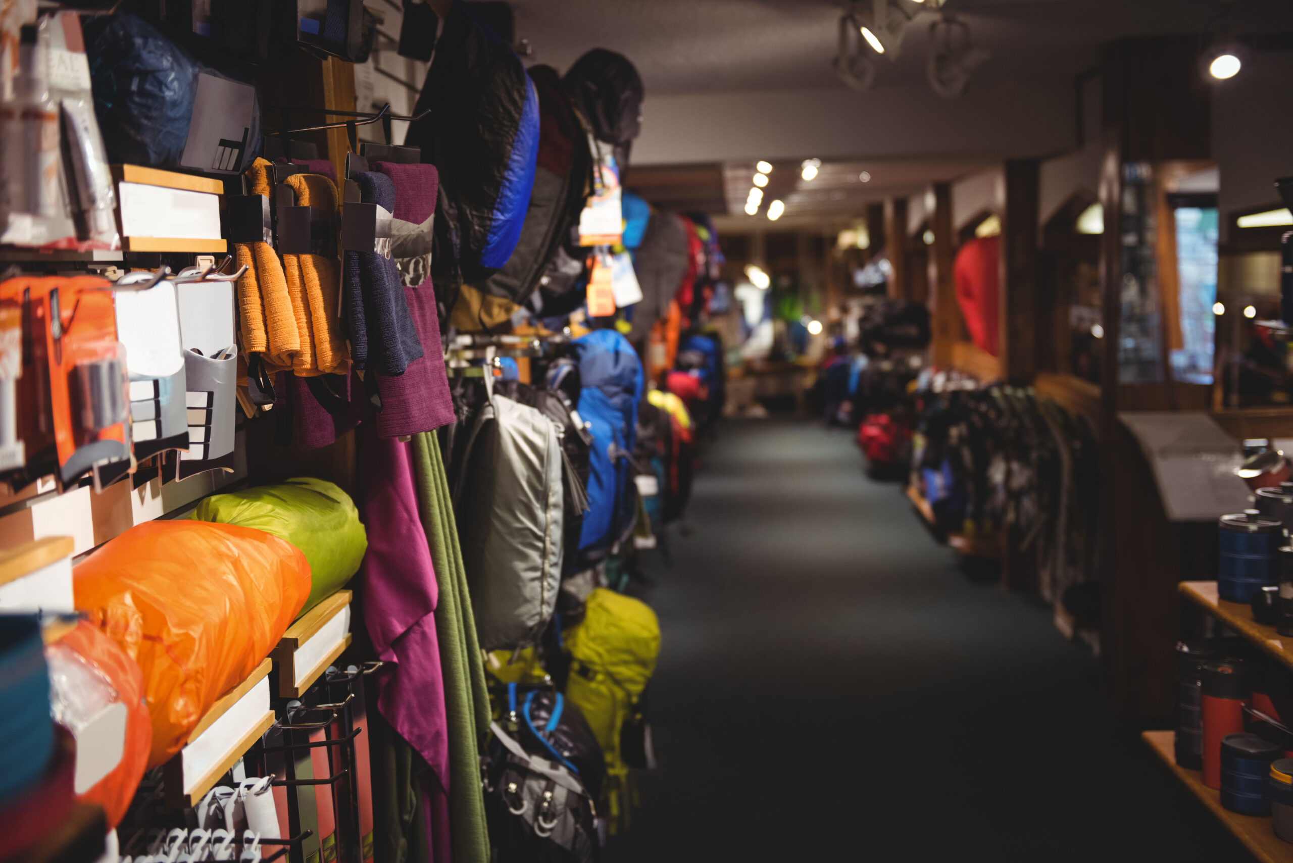Variety of bags on rack in store